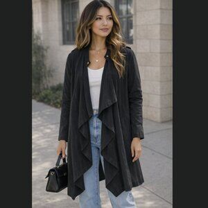 Black Women's Waterfall Front Linen Trench Coat Jacket